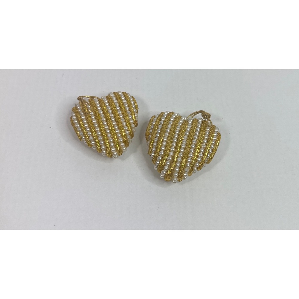 Vintage Gold Metallic and Faux Pearl Heart Christmas Ornaments Set of 2